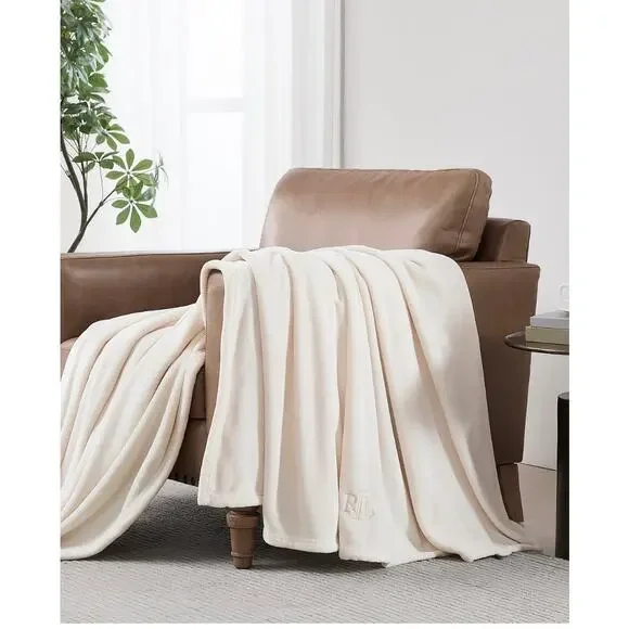 Lauren Ralph Lauren Micromink Blanket Full Queen Cream Ultra Soft Plush NEW - Picture 2 of 6